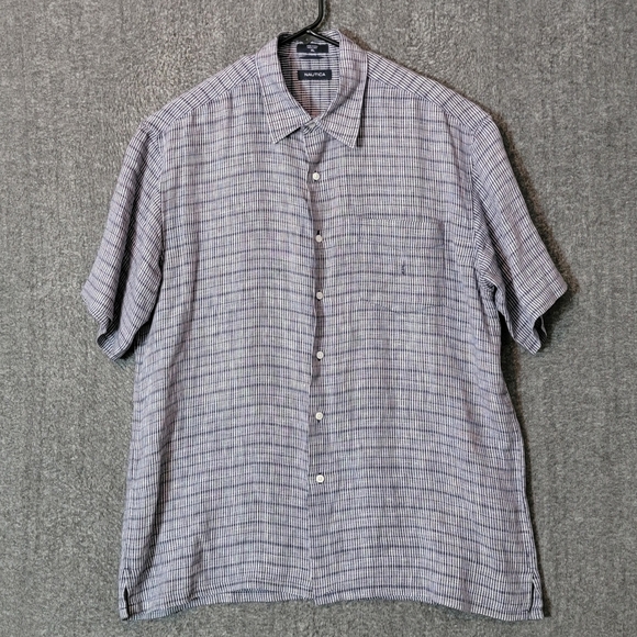 Nautica Shirt Mens XL Blue Striped 100% Linen Short Sleeve with Pocket - Picture 1 of 10